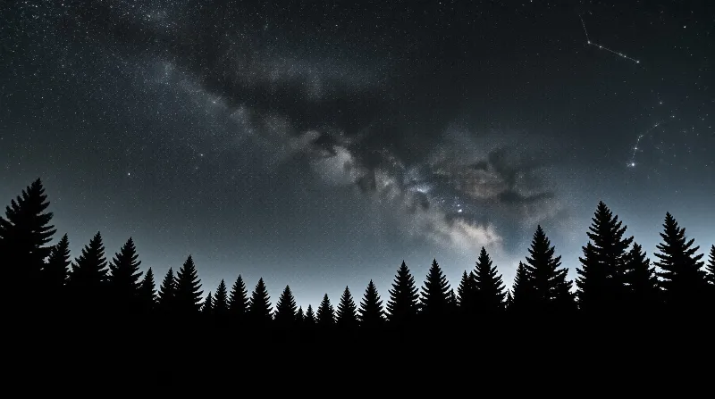 A dark forest of pine trees silhouettes against a vast starry sky featuring the bright diagonal band of the Milky Way.