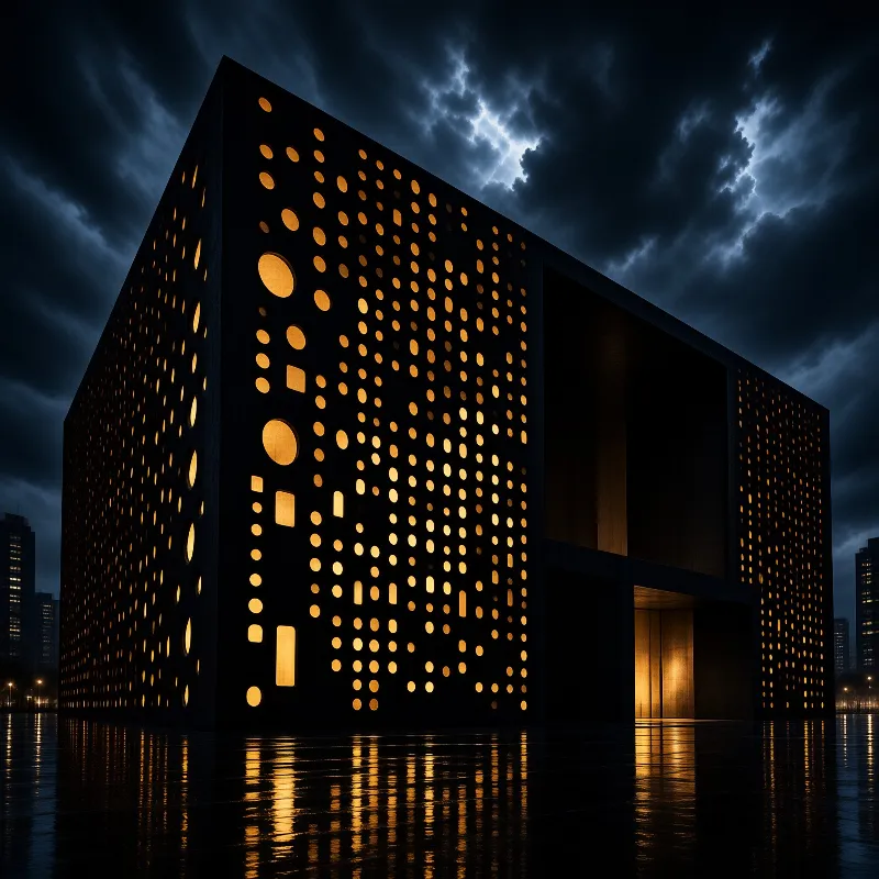 A dark building wall dotted with glowing circular openings reflects on wet pavement beneath heavy clouds