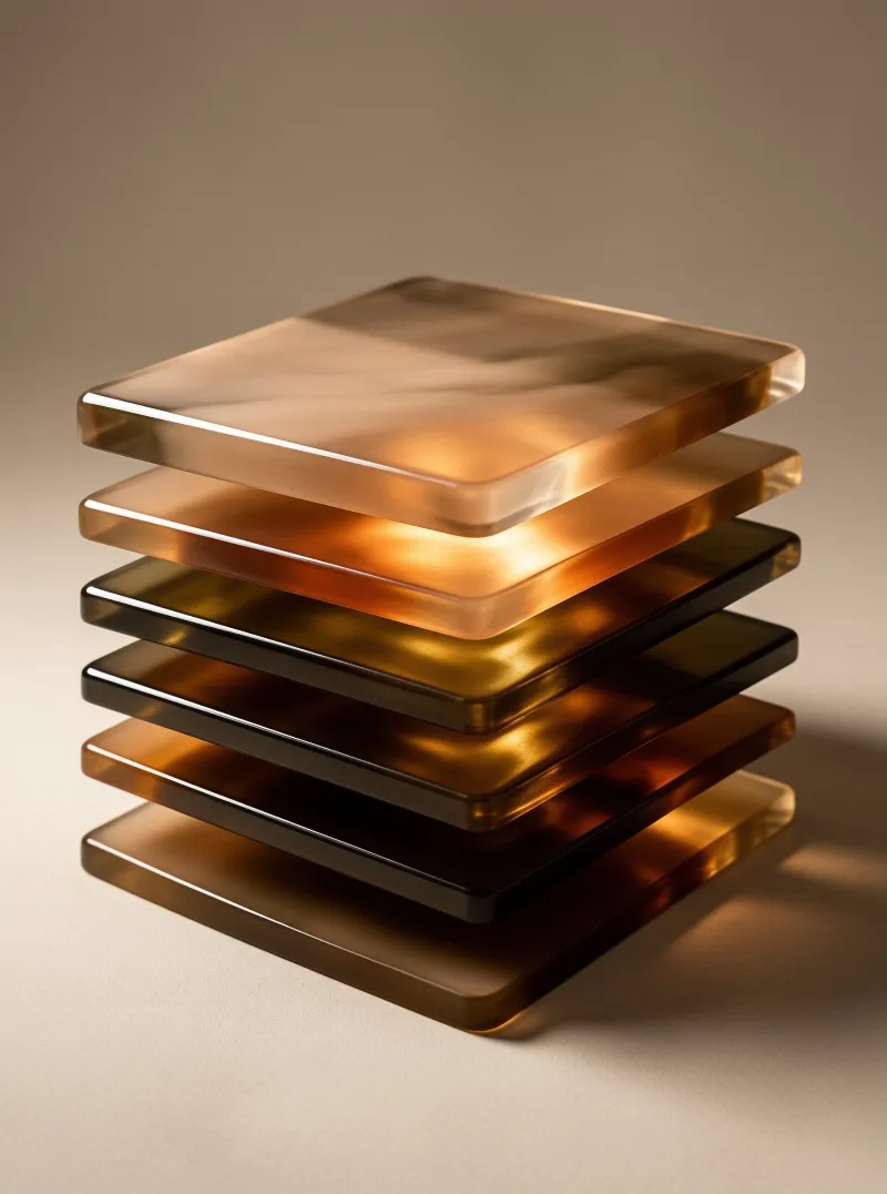 Translucent brown rectangular slabs stacked in a tower emit warm golden light from between the layers.
