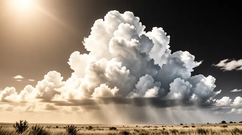 A giant cloud hovers above dry grasslands, casting shadow and rain across the horizon under warm evening light.