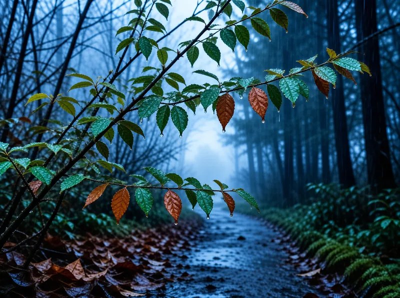 Wet leaves holding raindrops hang above a blurred path winding through a foggy blue forest.