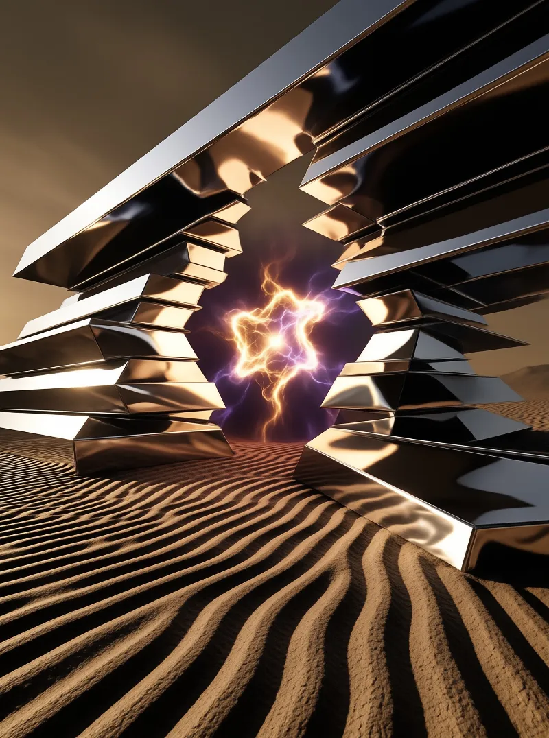 A split metallic monument rises from desert sands encasing a bright burst of purple and orange electric energy.