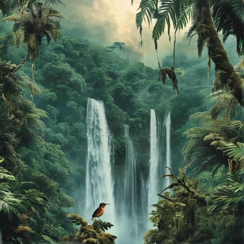 A small bird with a reddish-brown breast sits on a moss-covered branch in a misty rainforest with tall waterfalls in the background.