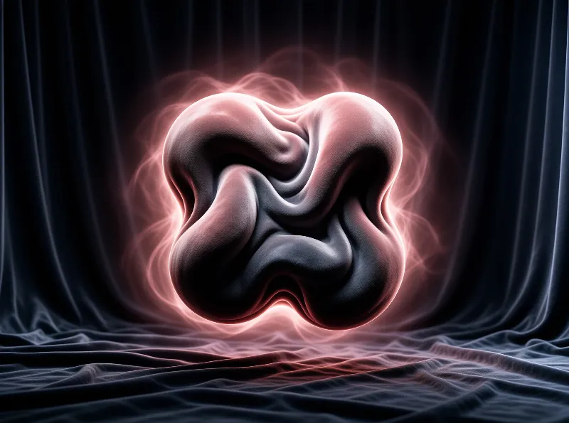 A twisted dark shape radiates pink light from its core against a backdrop of folded dark blue cloth.