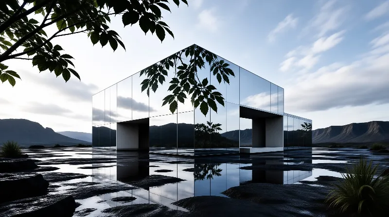 A mirrored glass building reflects the sky and trees while situated on a wet rocky plain with mountains in the distance.