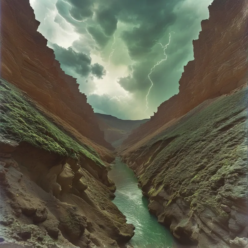 A green river flows through a steep rocky canyon lined with mossy slopes, while lightning arcs through dark storm clouds filling the sky over the gorge.