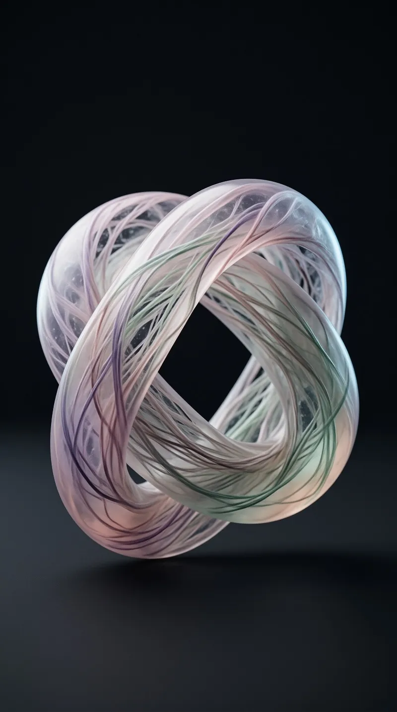 A twisted glass ribbon knot floats against a black background revealing pastel pink and green internal fibers.