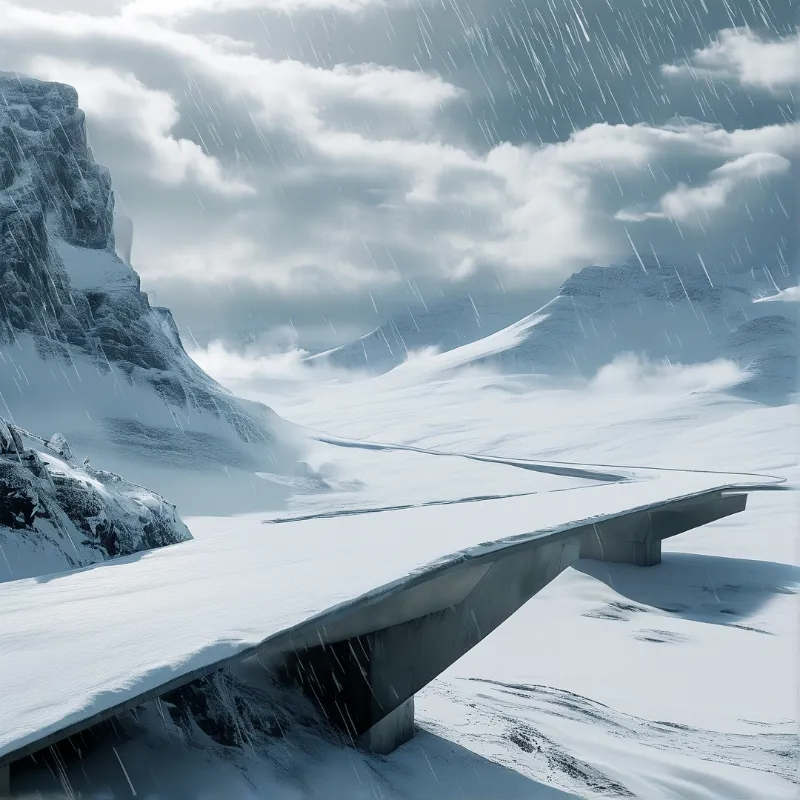 A long concrete structure winds through a frozen valley while heavy snow falls against grey clouds.