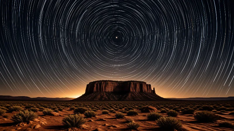 A long exposure photograph captures a desert mesa framed by concentric rings of star trails and a glowing amber horizon line.