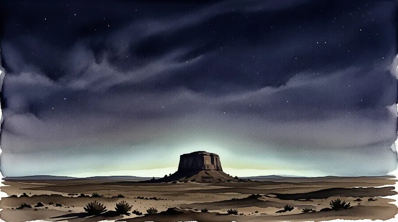 A solitary desert mesa rises from the flat plain beneath a dark blue sky filled with stars and a faint green horizon glow.