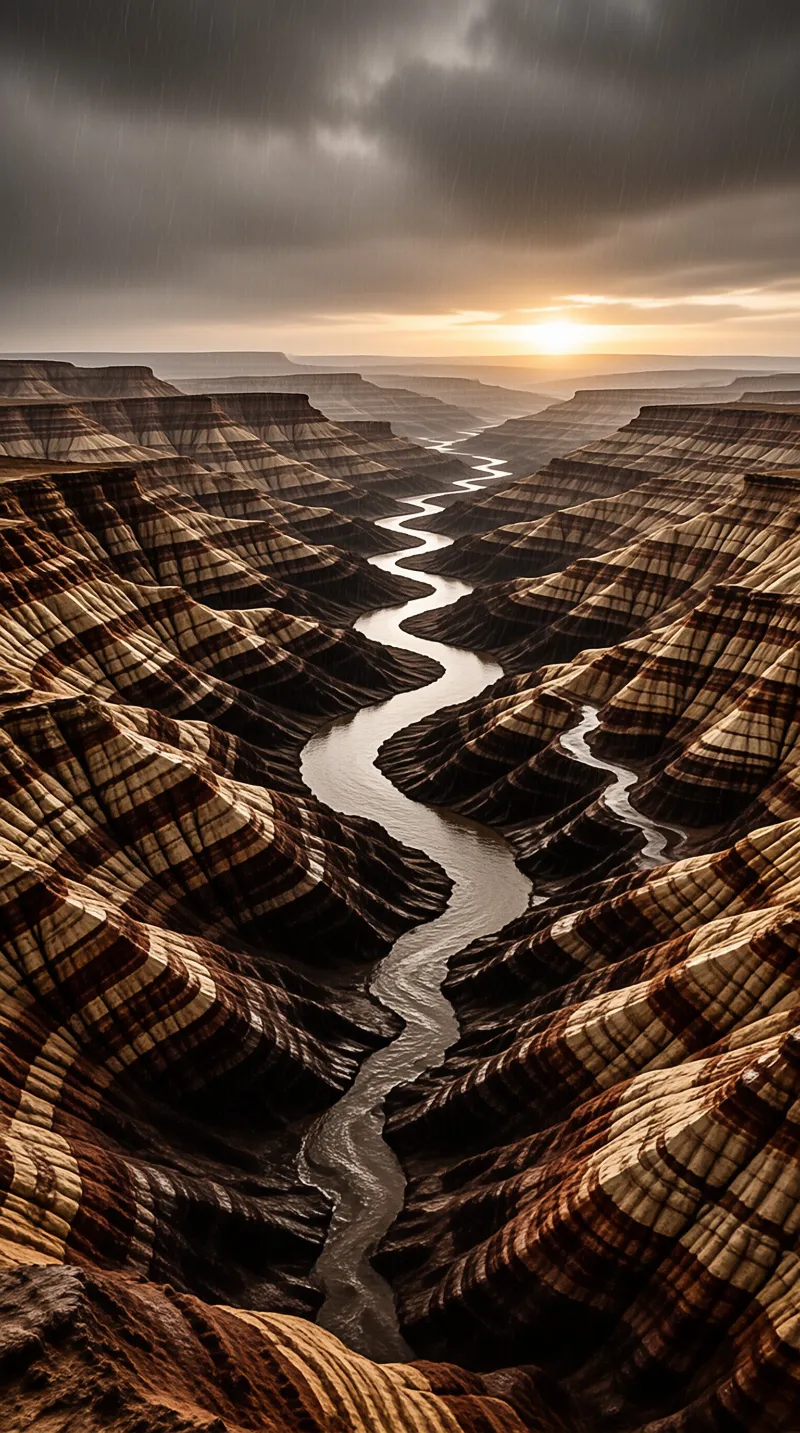 A silvery river bends through banded canyon walls beneath a stormy sky lit by sunset.