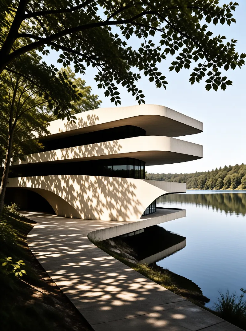 Modern curved architecture extends over a calm lake surrounded by trees with sunlight creating leaf shadows on the building's surfaces