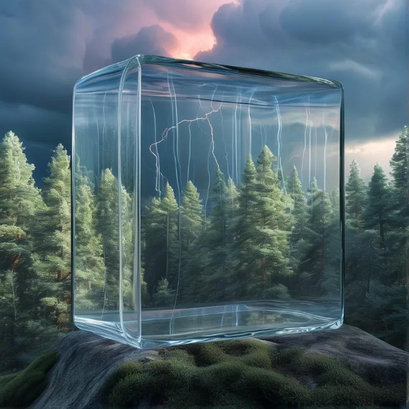 A clear glass cube sits on a mossy rock, enclosing a miniature forest with lightning strikes against a dramatic cloudy sky.