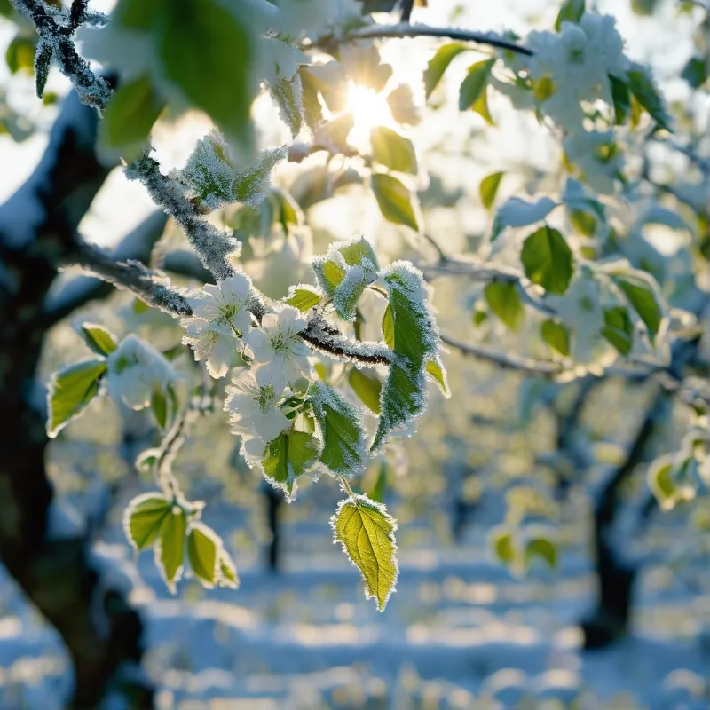 Tree branches bearing white flowers and green leaves coated in frost with bright sunlight shining from behind