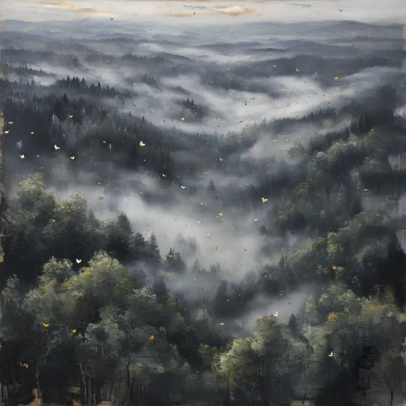 White and gold butterflies drift through low mist over dark rolling pine forests at dawn, muted grey green tones fill hazy landscape.