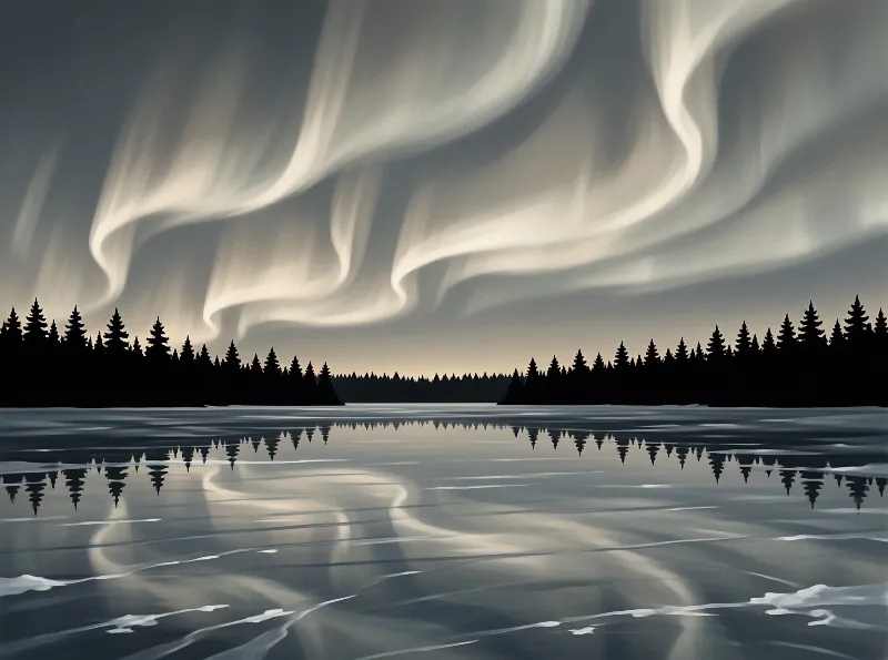 Flowing white aurora lights dance above a black forest silhouette while reflecting onto the rippled surface of a dark lake.