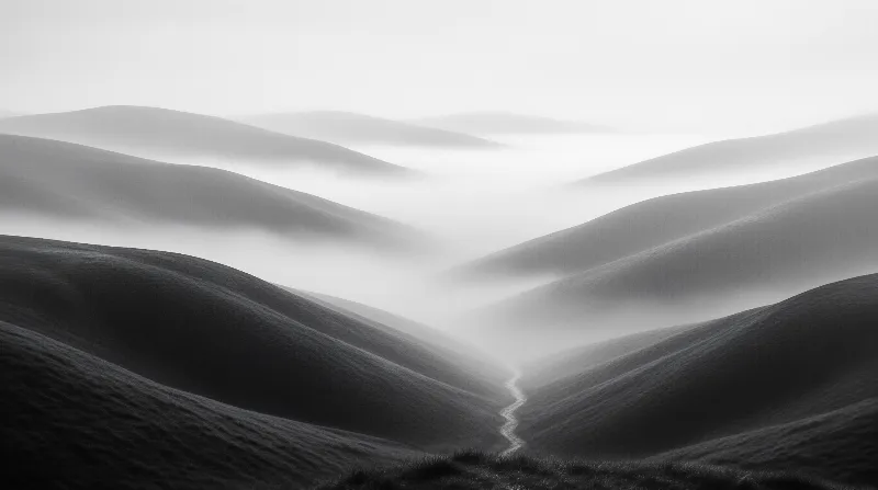 A monochrome view captures a winding river flowing through fog covered rolling hills.