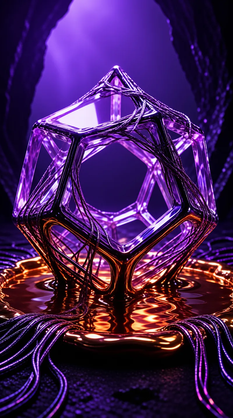 A glassy geometric shape entwined with dark fibers rests on a reflective orange surface against a purple void.