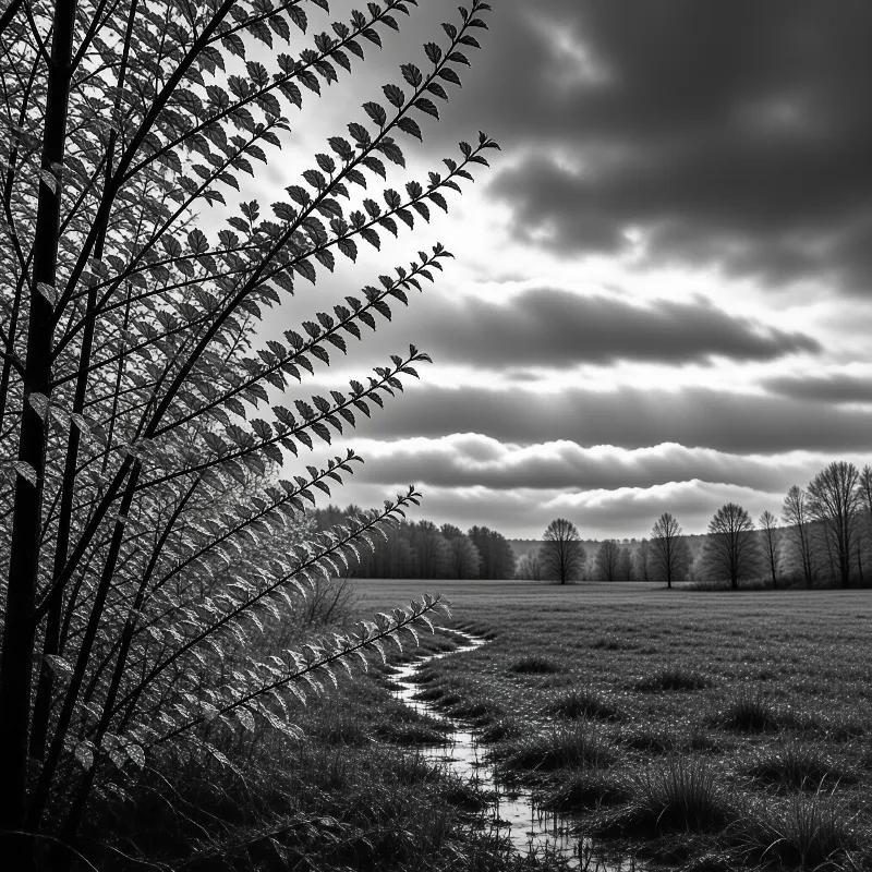 A monochrome rural scene with delicate leafy branches at the left and sunbeams breaking over a far tree line.