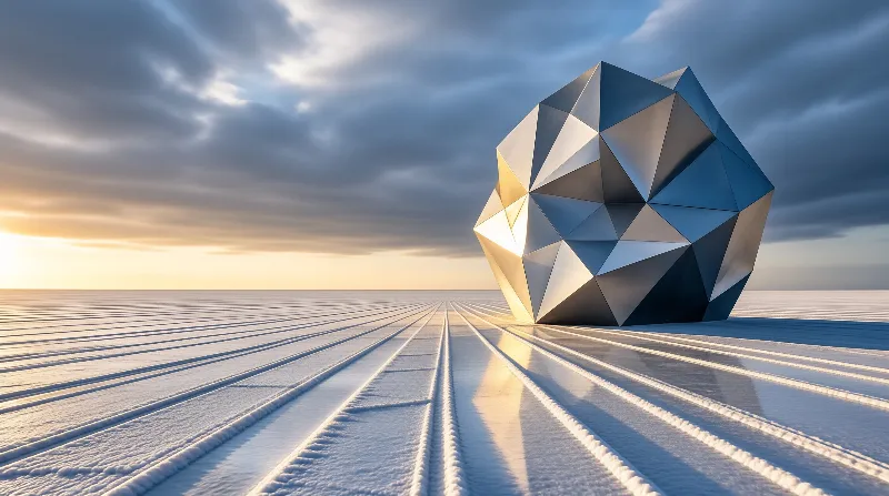 A large faceted geometric object sits on a vast snowfield with parallel tracks leading towards it under a cloudy sky at dawn.