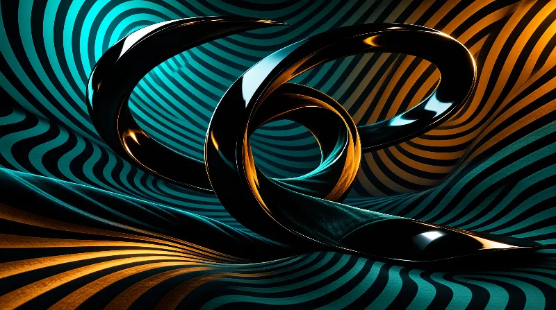 Shiny black ribbon-like forms loop and curve above a background of wavy teal and orange stripes with high contrast lighting.