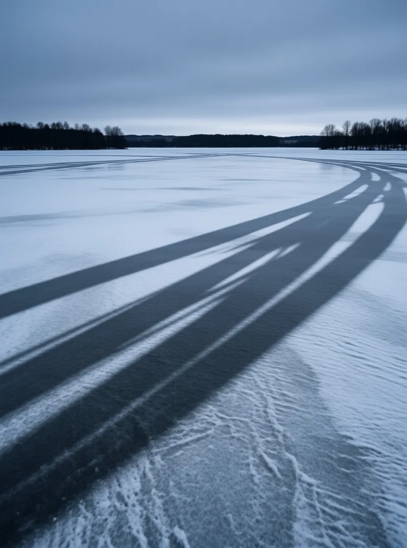 Deep grooves cut into white snow lead toward distant trees beneath an overcast winter sky.