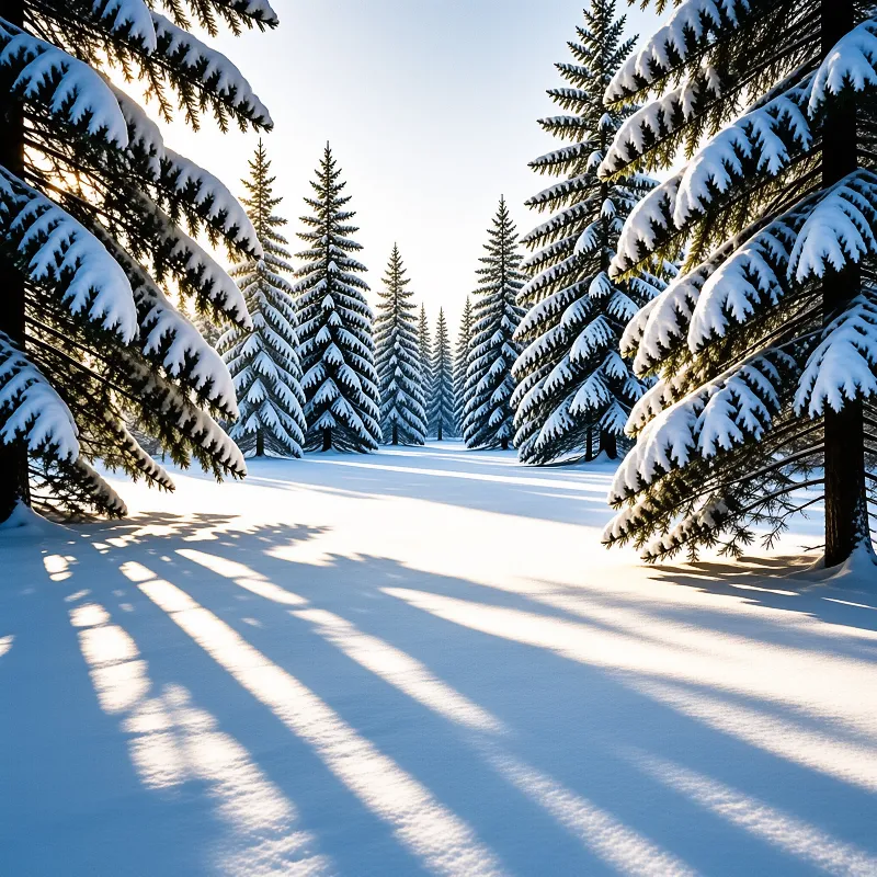 Snow laden evergreen trees line a path while low sunlight casts long shadows across the ground.