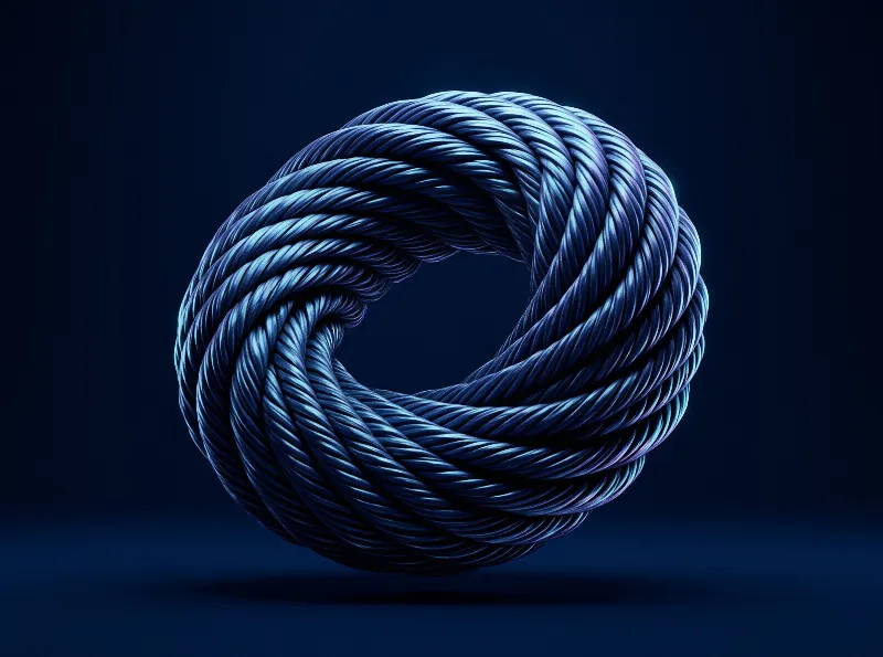 Twisted metallic blue rope forms a circular coil floating against a deep navy gradient void with specular highlights.