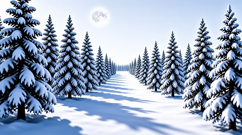 A stylized winter forest where rows of frosted fir trees flank a moonlit snow clearing with long blue shadows