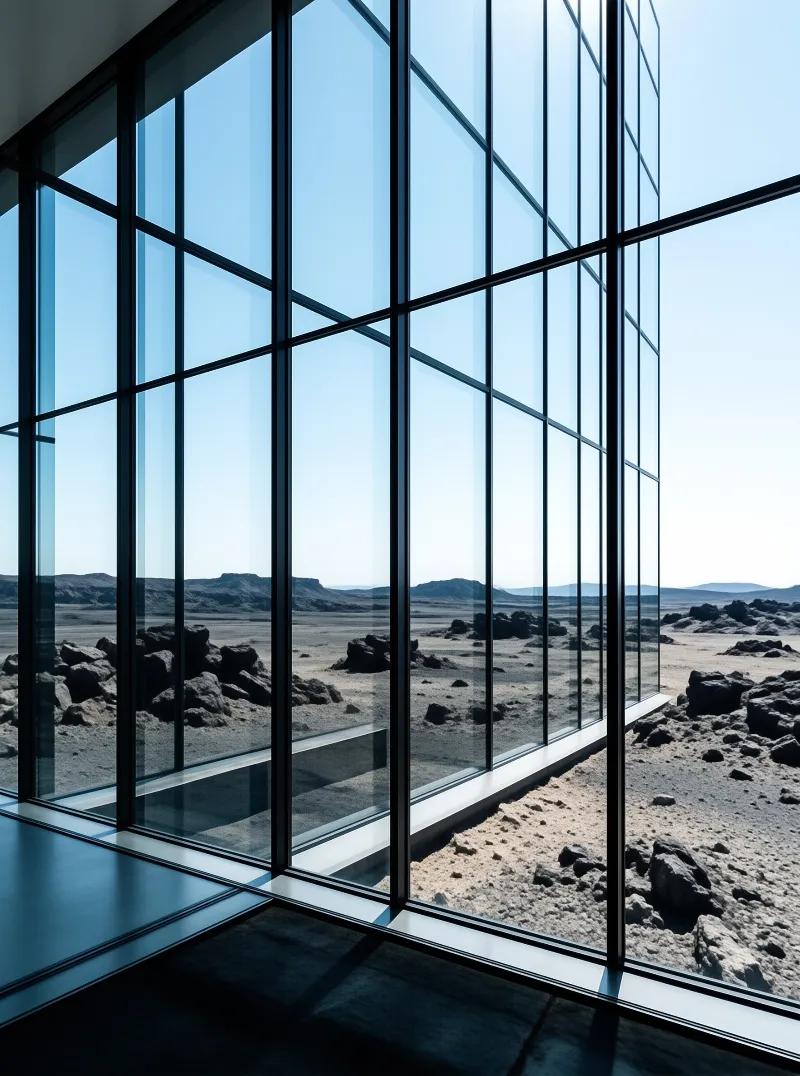 View from inside a building looking out through a grid of glass panels onto a rocky desert landscape under a clear sky.