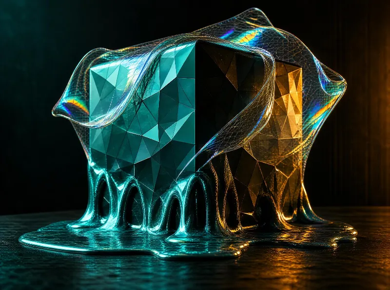 An abstract glass-like sculpture with geometric facets, flowing downward on a dark surface, featuring rainbow iridescence and dramatic lighting in teal and amber tones.