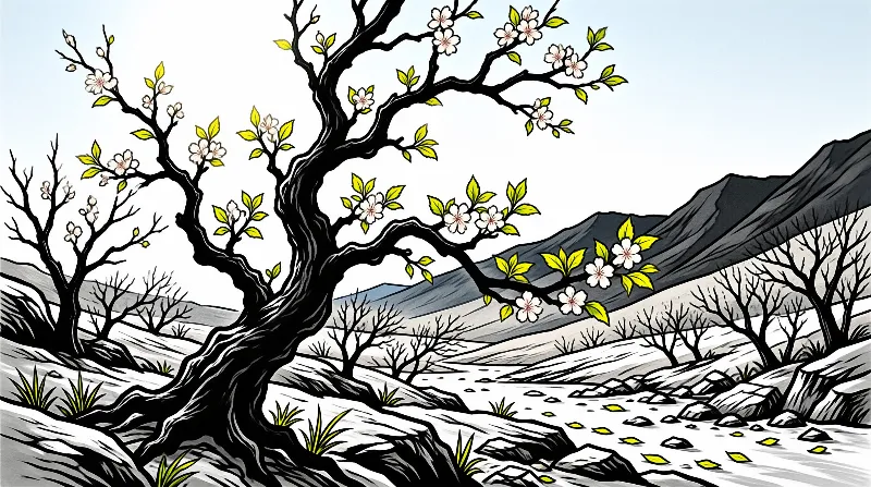 A stylized drawing depicts a large tree with white flowers and yellow leaves growing amidst grey mountains and rocky ground.