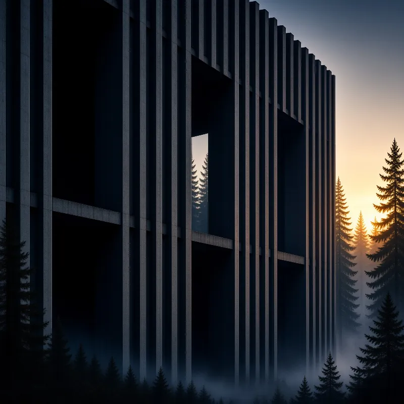 A monumental concrete wall of vertical fins holds one mirror window that reflects spruce trees at dusk.