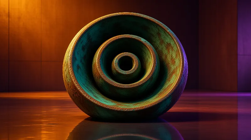 A weathered metal spiral rests on a reflective wooden surface bathed in contrasting orange and purple light.