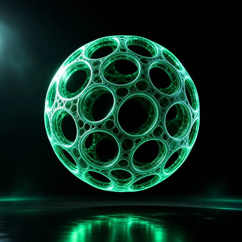 A porous emerald sphere of interlocking rings glows above a dark reflective floor streaked with green light.