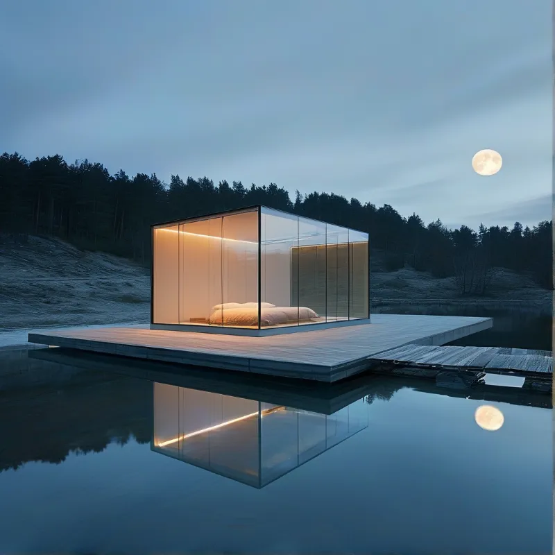 Transparent room on wooden platform over still water reflecting a bright full moon in the twilight sky.