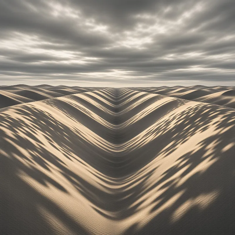 Rhythmic shadows stretch across vast sandy ridges leading toward a distant line where earth meets an overcast sky.