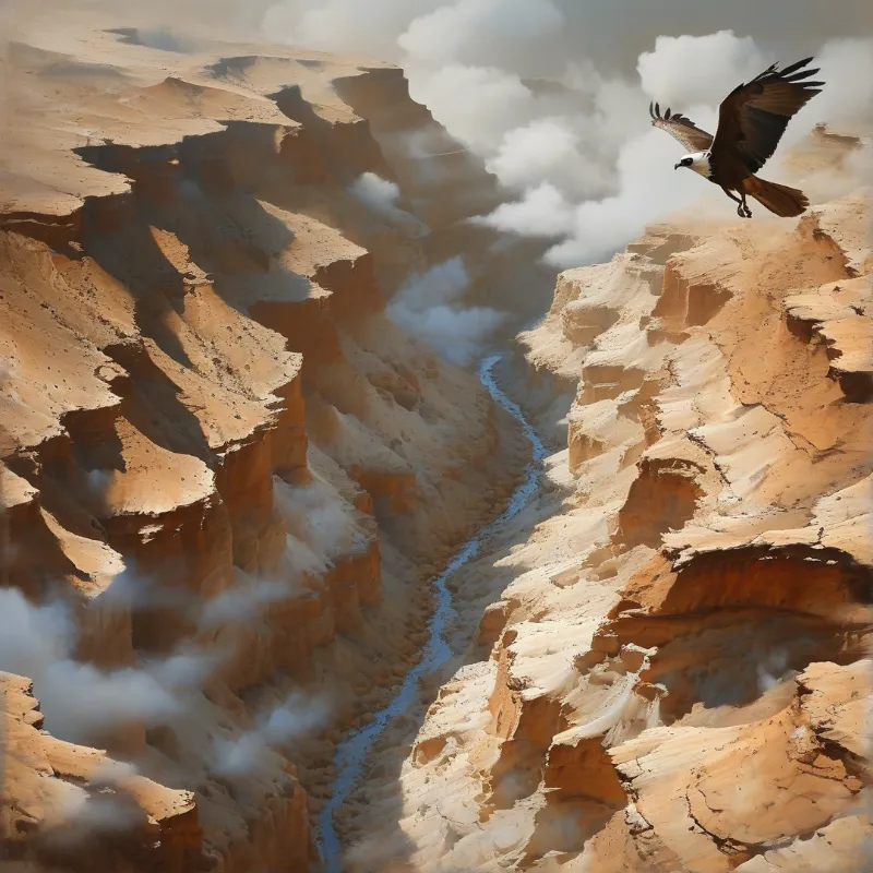 A white-headed eagle flies over a sunlit terraced ochre canyon, with low drifting clouds and a thin blue stream winding through the gorge.