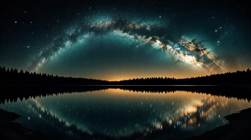 Milky Way spans a starry night sky, its glow reflected in a calm lake bordered by dark pine treeline at a golden horizon.