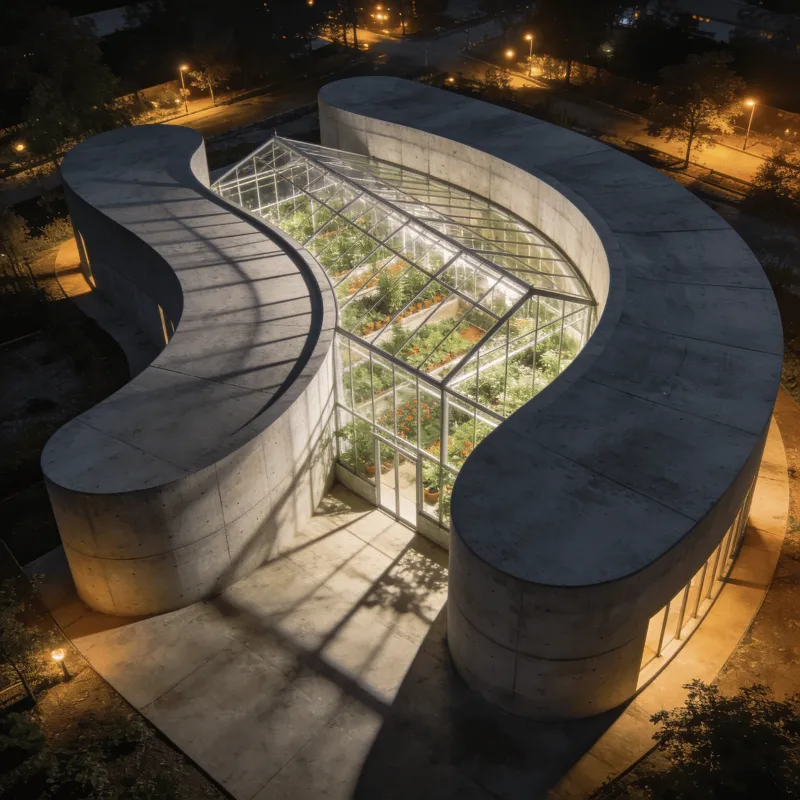Greenhouse with Curved Concrete — Night With Warm Lights