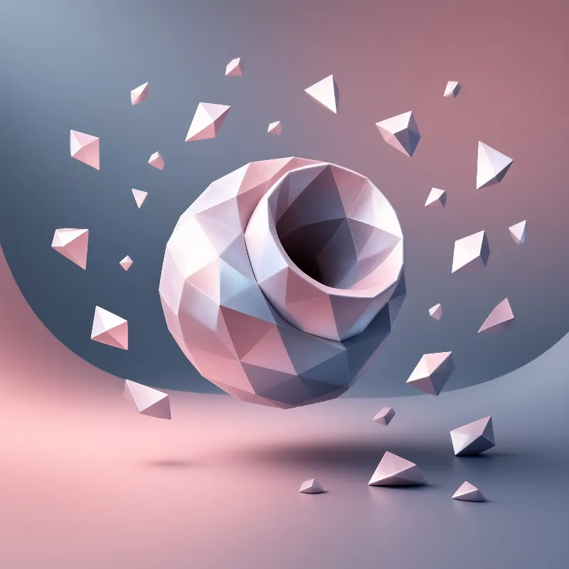 A low polygon geometric sphere with a hollow center floats amid scattered angular shards on a soft gradient backdrop.