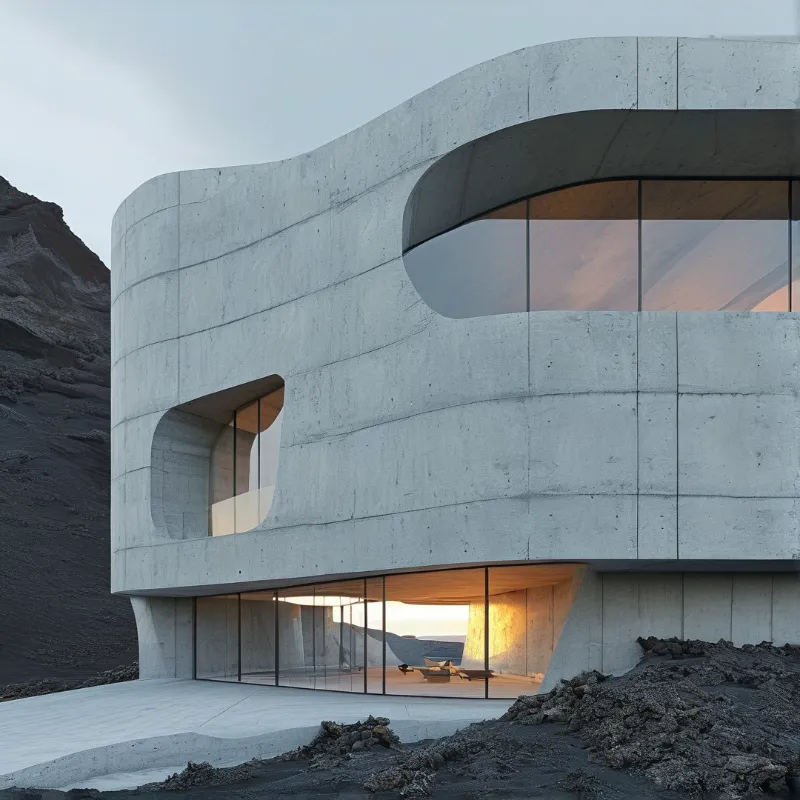 A flowing raw concrete two story structure sits on dark volcanic rock, its warm interior lit as dusk falls.