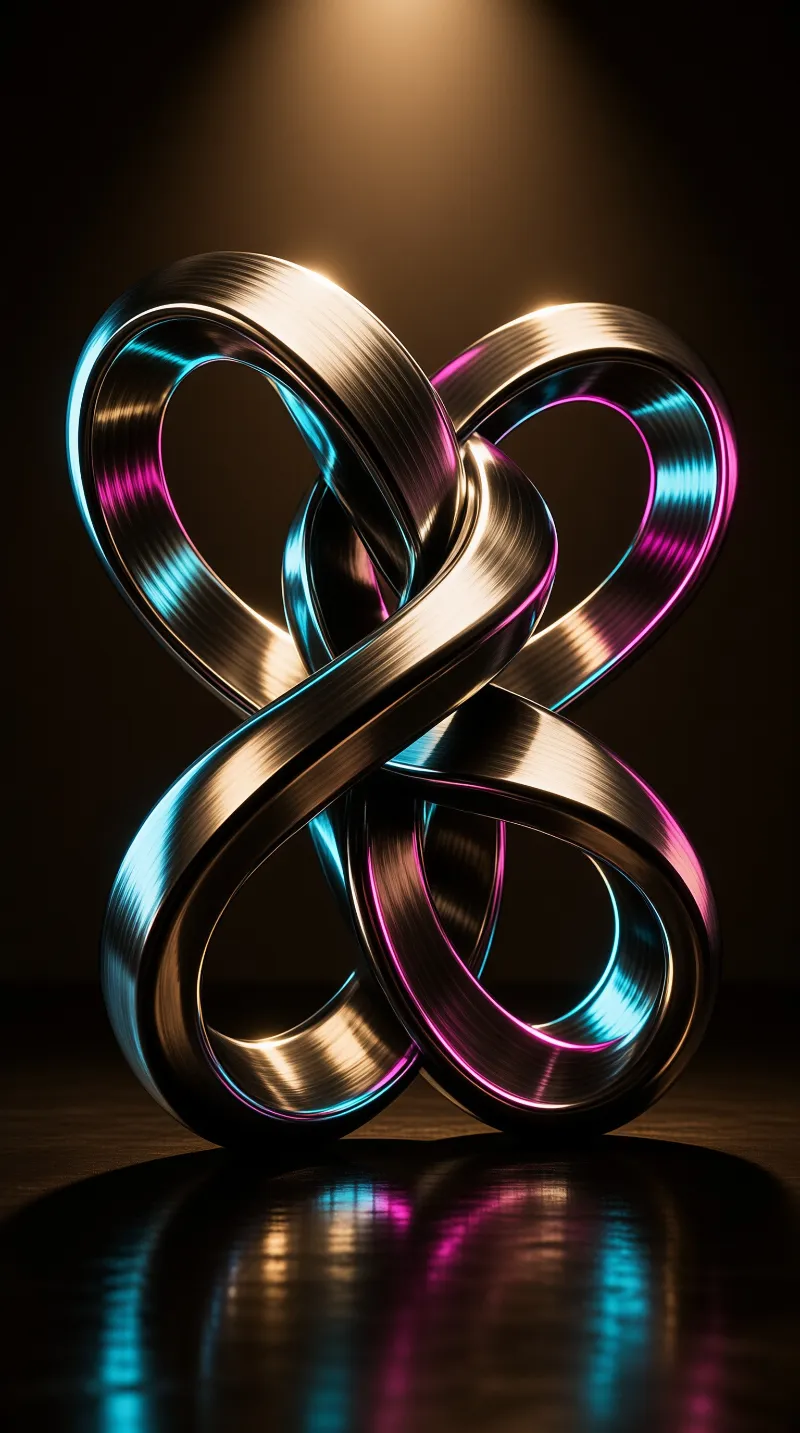 A twisted chrome sculpture glows with blue and pink edges while sitting on a dark polished surface.