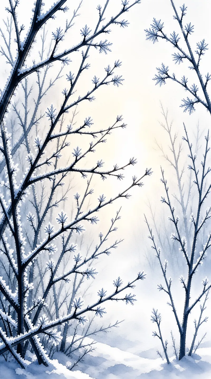 Snow-laden branches reach across a washed-out blue sky, edged with warm light near the horizon of a quiet field.