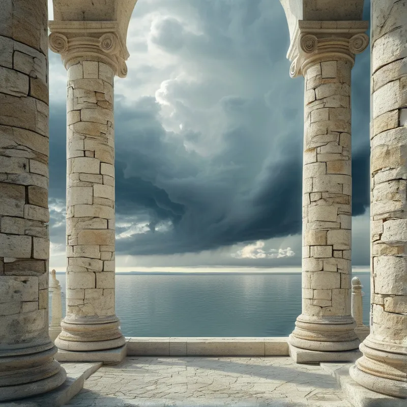 Weathered stone columns create an archway overlooking a calm sea under a heavy sky full of dark storm clouds.