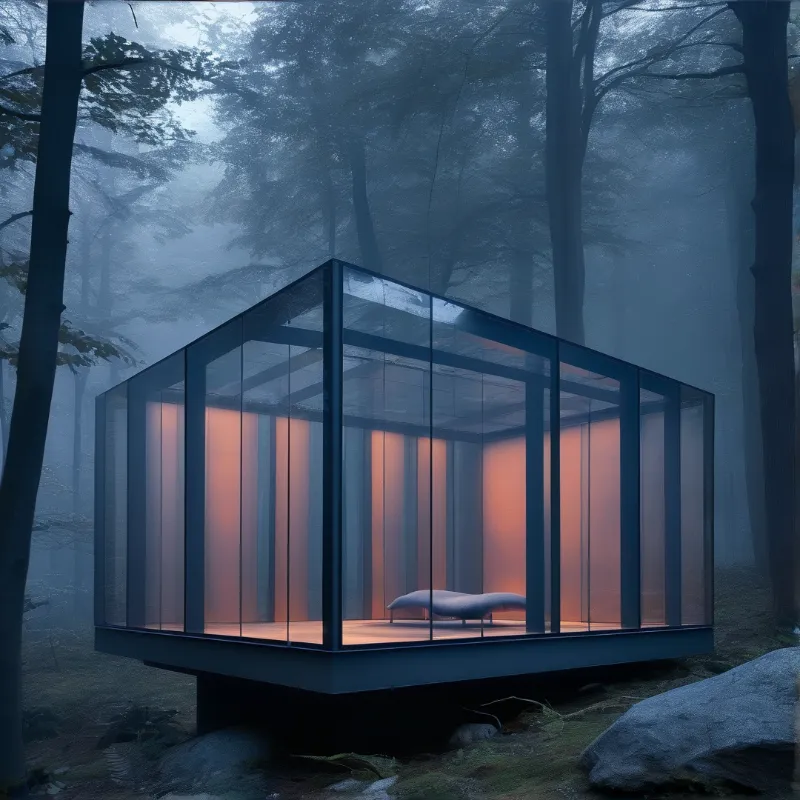 A modern glass cabin emits warm orange light from within a misty forest filled with tall trees.