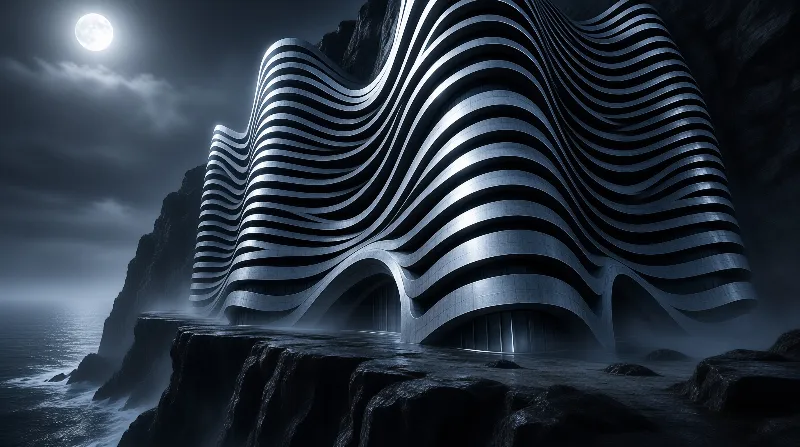 A surreal building with wavy silver and black bands rises from a rocky cliff beneath a glowing full moon in a dark night sky.
