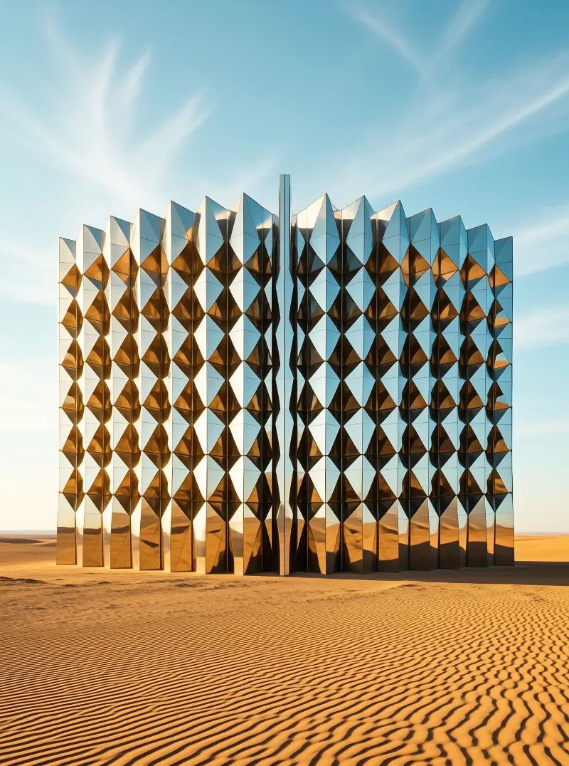 A large geometric metallic wall with diamond facets stands isolated in a desert landscape under a clear blue sky.