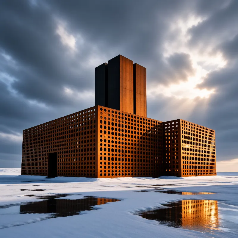 Perforated Building in Snow