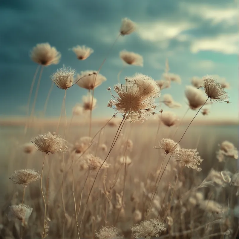 Tall dried wildflower heads stand in a grassy field against a soft blue sky with scattered clouds.